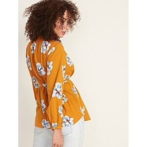 Old Navy Women Size Large Mustard Yellow Floral Print Peplum Peasant Blouse